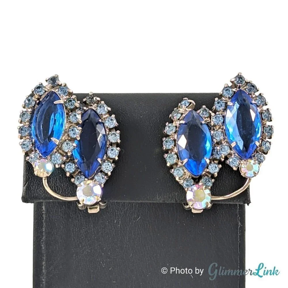 VTG Aurora Borealis Blue Rhinestone Ear Climber Silver Tone Clip On Earrings